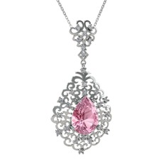 Pembe kuvars ve pırlanta 14 ayar beyaz altın kolye (0.52 karat, 40 cm beyaz altın rolo zincir)