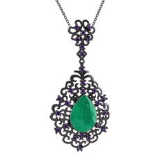 Kök zümrüt ve ametist 925 ayar siyah rodyum kaplama gümüş kolye (40 cm gümüş rolo zincir)