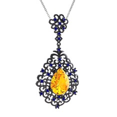 Dalila Kolye - Sitrin ve lab safir 925 ayar siyah rodyum kaplama gümüş kolye (40 cm beyaz altın rolo zincir) #u8fvg0
