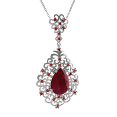 Kök yakut ve garnet 8 ayar beyaz altın kolye (40 cm beyaz altın rolo zincir)