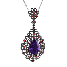 Ametist ve garnet 925 ayar siyah rodyum kaplama gümüş kolye (40 cm beyaz altın rolo zincir)