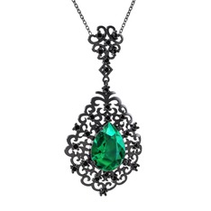Dalila Kolye - Yeşil kuvars ve siyah zirkon 925 ayar siyah rodyum kaplama gümüş kolye (40 cm gümüş rolo zincir) #v4mprl