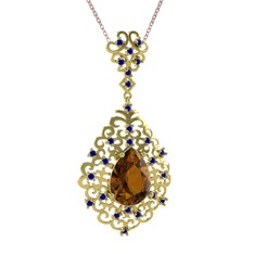 Dumanlı kuvars ve lab safir 14 ayar altın kolye (40 cm rose altın rolo zincir)