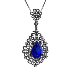 Dalila Kolye - Lab safir ve pırlanta 925 ayar siyah rodyum kaplama gümüş kolye (0.52 karat, 40 cm gümüş rolo zincir) #w8glet