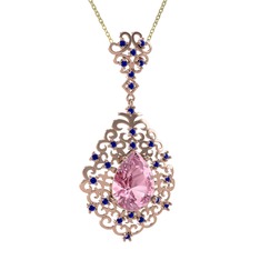 Pembe kuvars ve lab safir 925 ayar rose altın kaplama gümüş kolye (40 cm altın rolo zincir)