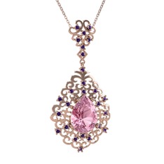 Pembe kuvars ve ametist 14 ayar rose altın kolye (40 cm rose altın rolo zincir)