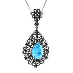 Dalila Kolye - Akuamarin ve siyah zirkon 925 ayar siyah rodyum kaplama gümüş kolye (40 cm gümüş rolo zincir) #xk3shr