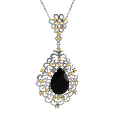 Dalila Kolye - Siyah zirkon ve sitrin 8 ayar beyaz altın kolye (40 cm beyaz altın rolo zincir) #xm9r95