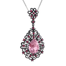 Dalila Kolye - Pembe kuvars ve rodolit garnet 925 ayar siyah rodyum kaplama gümüş kolye (40 cm beyaz altın rolo zincir) #xmkel5