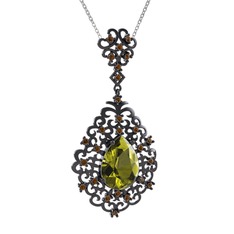 Dalila Kolye - Peridot ve dumanlı kuvars 925 ayar siyah rodyum kaplama gümüş kolye (40 cm beyaz altın rolo zincir) #xtwjeb