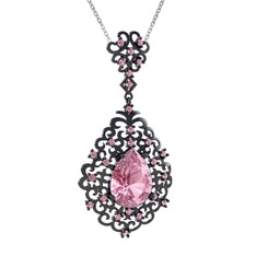 Dalila Kolye - Pembe kuvars 925 ayar siyah rodyum kaplama gümüş kolye (40 cm beyaz altın rolo zincir) #xy5k2r