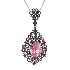 Dalila Kolye - Pembe kuvars ve garnet 925 ayar siyah rodyum kaplama gümüş kolye (40 cm beyaz altın rolo zincir) #yk4hp3