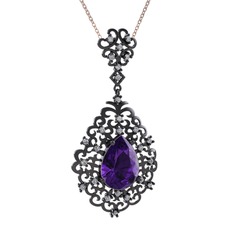 Dalila Kolye - Ametist ve pırlanta 925 ayar siyah rodyum kaplama gümüş kolye (0.52 karat, 40 cm rose altın rolo zincir) #yl263m