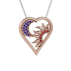 Ay ve Güneş Kalp Kolye - Lab safir ve garnet 8 ayar rose altın kolye (40 cm beyaz altın rolo zincir) #10qhnbz