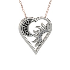 Ay ve Güneş Kalp Kolye - Siyah zirkon ve pırlanta 925 ayar gümüş kolye (0.06 karat, 40 cm rose altın rolo zincir) #10suvll