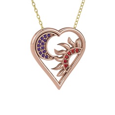 Ay ve Güneş Kalp Kolye - Ametist ve garnet 14 ayar rose altın kolye (40 cm altın rolo zincir) #1155wf8