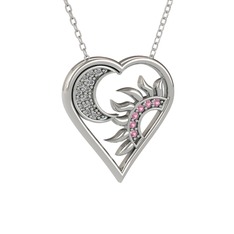 Ay ve Güneş Kalp Kolye - Swarovski ve pembe kuvars 14 ayar beyaz altın kolye (40 cm beyaz altın rolo zincir) #125wp11