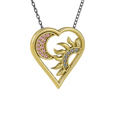 Pembe kuvars ve pırlanta 18 ayar altın kolye (0.06 karat, 40 cm gümüş rolo zincir)