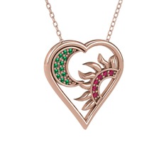 Ay ve Güneş Kalp Kolye - Yeşil kuvars ve rodolit garnet 8 ayar rose altın kolye (40 cm rose altın rolo zincir) #13ojcs7
