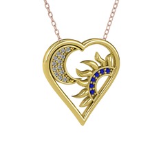 Ay ve Güneş Kalp Kolye - Swarovski ve lab safir 18 ayar altın kolye (40 cm rose altın rolo zincir) #149qlj8