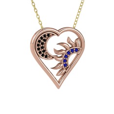 Ay ve Güneş Kalp Kolye - Siyah zirkon ve lab safir 18 ayar rose altın kolye (40 cm altın rolo zincir) #15u351v