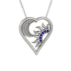 Ay ve Güneş Kalp Kolye - Swarovski ve lab safir 925 ayar gümüş kolye (40 cm beyaz altın rolo zincir) #16jzdc