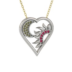 Peridot ve rodolit garnet 18 ayar beyaz altın kolye (40 cm altın rolo zincir)