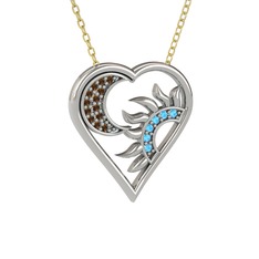 Ay ve Güneş Kalp Kolye - Dumanlı kuvars ve akuamarin 14 ayar beyaz altın kolye (40 cm gümüş rolo zincir) #1882eta