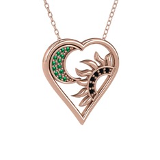 Ay ve Güneş Kalp Kolye - Yeşil kuvars ve siyah zirkon 14 ayar rose altın kolye (40 cm gümüş rolo zincir) #18s4xwp