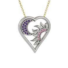 Ay ve Güneş Kalp Kolye - Ametist ve pembe kuvars 925 ayar gümüş kolye (40 cm gümüş rolo zincir) #196mrwr