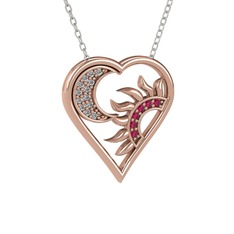 Ay ve Güneş Kalp Kolye - Beyaz zirkon ve rodolit garnet 925 ayar rose altın kaplama gümüş kolye (40 cm beyaz altın rolo zincir) #19alf5r