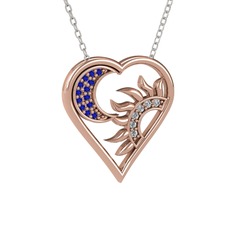 Ay ve Güneş Kalp Kolye - Lab safir ve beyaz zirkon 8 ayar rose altın kolye (40 cm beyaz altın rolo zincir) #1afdf9h