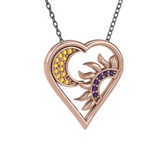 Ay ve Güneş Kalp Kolye - Sitrin ve ametist 14 ayar rose altın kolye (40 cm gümüş rolo zincir) #1bqz2bw
