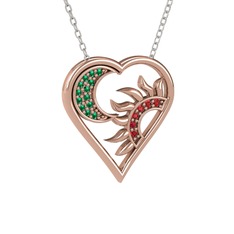 Ay ve Güneş Kalp Kolye - Yeşil kuvars ve garnet 18 ayar rose altın kolye (40 cm beyaz altın rolo zincir) #1c1bo9