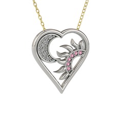 Ay ve Güneş Kalp Kolye - Swarovski ve pembe kuvars 18 ayar beyaz altın kolye (40 cm altın rolo zincir) #1epihjf