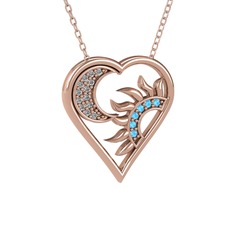 Ay ve Güneş Kalp Kolye - Swarovski ve akuamarin 8 ayar rose altın kolye (40 cm rose altın rolo zincir) #1f8uqed