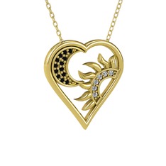 Ay ve Güneş Kalp Kolye - Siyah zirkon ve swarovski 14 ayar altın kolye (40 cm altın rolo zincir) #1glwkqb