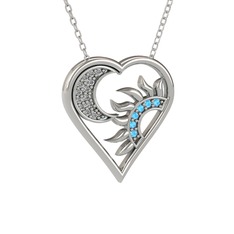 Ay ve Güneş Kalp Kolye - Swarovski ve akuamarin 18 ayar beyaz altın kolye (40 cm beyaz altın rolo zincir) #1guh9cm