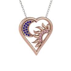 Lab safir ve pembe kuvars 14 ayar rose altın kolye (40 cm beyaz altın rolo zincir)