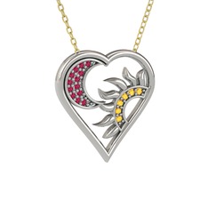 Ay ve Güneş Kalp Kolye - Rodolit garnet ve sitrin 8 ayar beyaz altın kolye (40 cm altın rolo zincir) #1ht73z4