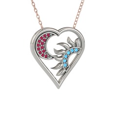 Rodolit garnet ve akuamarin 14 ayar beyaz altın kolye (40 cm rose altın rolo zincir)