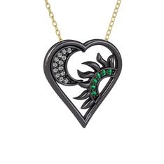 Ay ve Güneş Kalp Kolye - Swarovski ve yeşil kuvars 925 ayar siyah rodyum kaplama gümüş kolye (40 cm gümüş rolo zincir) #1iqxgs5