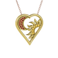 Ay ve Güneş Kalp Kolye - Garnet ve sitrin 14 ayar altın kolye (40 cm rose altın rolo zincir) #1ji0en0