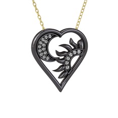 Ay ve Güneş Kalp Kolye - Swarovski ve beyaz zirkon 925 ayar siyah rodyum kaplama gümüş kolye (40 cm altın rolo zincir) #1joso12