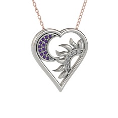 Ay ve Güneş Kalp Kolye - Ametist ve beyaz zirkon 925 ayar gümüş kolye (40 cm gümüş rolo zincir) #1k86wnu