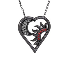 Ay ve Güneş Kalp Kolye - Swarovski ve garnet 925 ayar siyah rodyum kaplama gümüş kolye (40 cm gümüş rolo zincir) #1kcrzbl