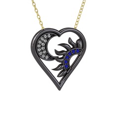 Ay ve Güneş Kalp Kolye - Swarovski ve lab safir 925 ayar siyah rodyum kaplama gümüş kolye (40 cm altın rolo zincir) #1kkf7a4