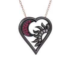 Ay ve Güneş Kalp Kolye - Rodolit garnet ve beyaz zirkon 925 ayar siyah rodyum kaplama gümüş kolye (40 cm rose altın rolo zincir) #1loifsd