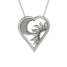 Ay ve Güneş Kalp Kolye - Swarovski ve peridot 8 ayar beyaz altın kolye (40 cm beyaz altın rolo zincir) #1m7v803