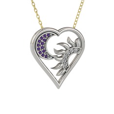 Ay ve Güneş Kalp Kolye - Ametist ve swarovski 14 ayar beyaz altın kolye (40 cm altın rolo zincir) #1mwodul
